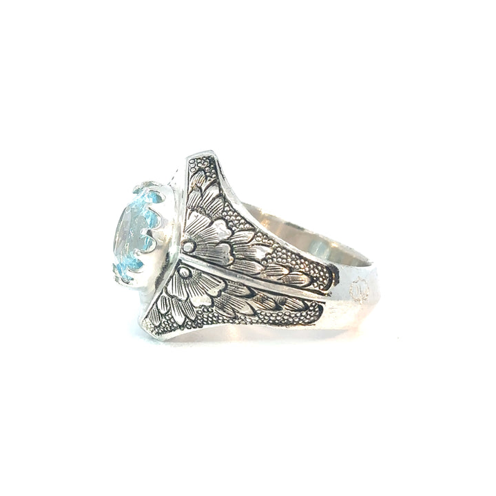 Warrior's Aquamarine Engraved Sterling Silver Men's Ring | US Size 10.5