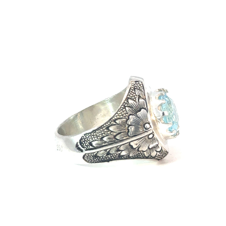 Warrior's Aquamarine Engraved Sterling Silver Men's Ring | US Size 10.5