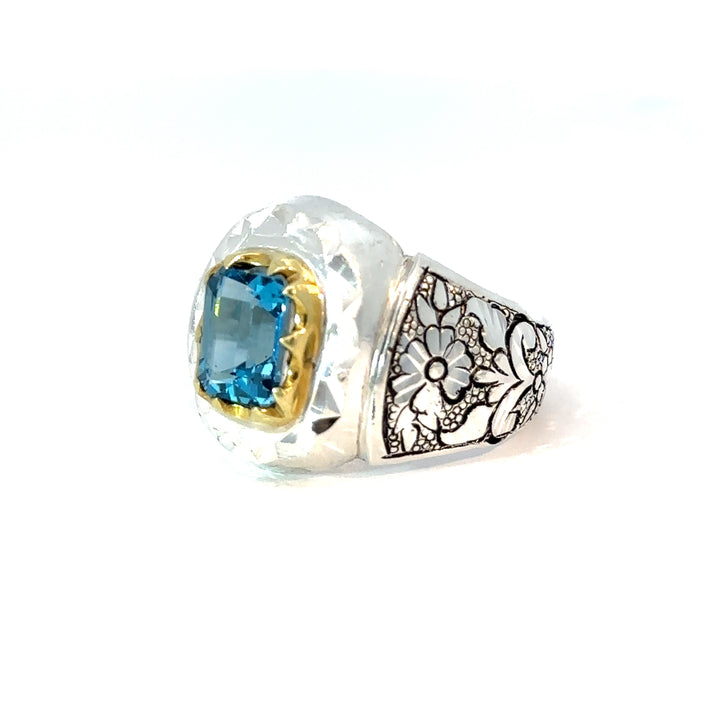 Enigma Topaz Engraved Sterling Silver Men Ring