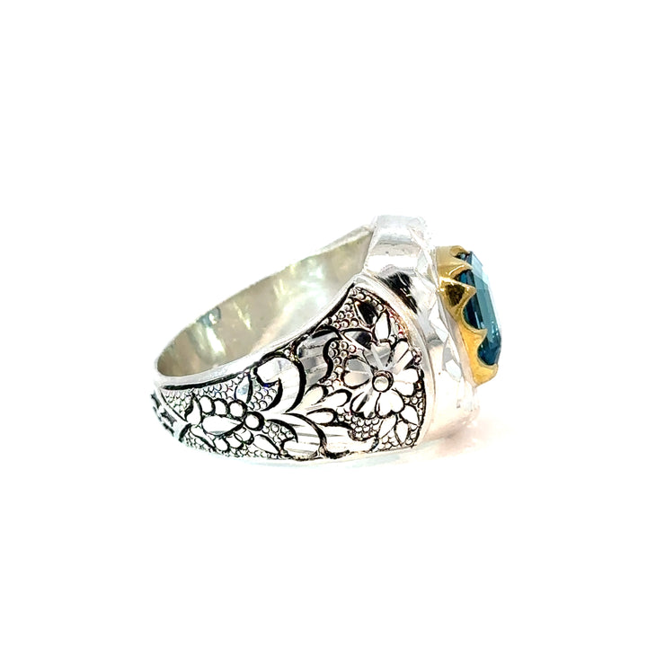 Enigma Topaz Engraved Sterling Silver Men Ring