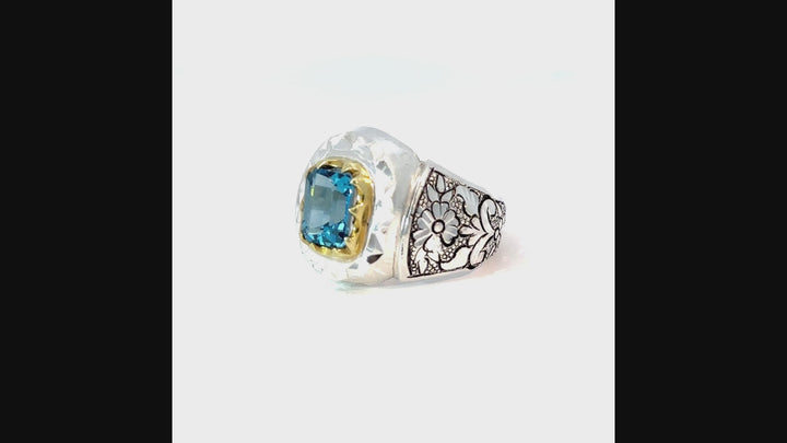 Enigma Topaz Engraved Sterling Silver Men Ring