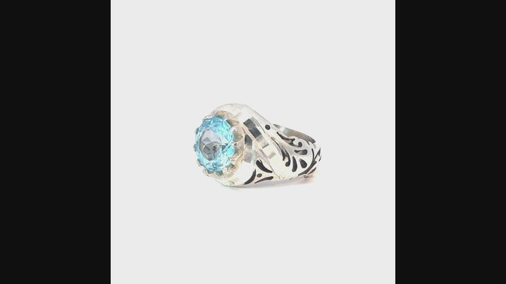 Sultan's Reflection Persian Inspired Aquamarine Sterling Silver Men's Ring | US Size 9.5