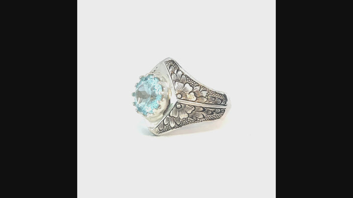 Warrior's Aquamarine Engraved Sterling Silver Men's Ring | US Size 10.5