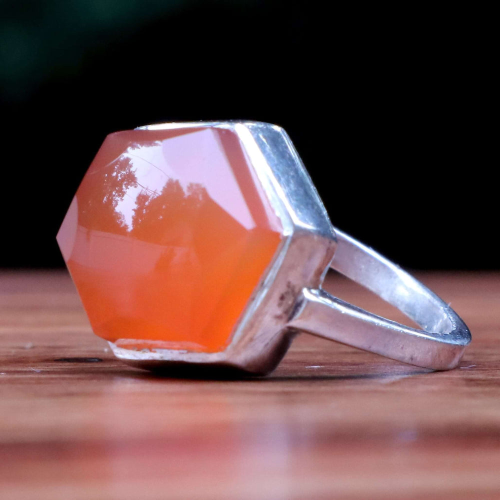 Diamond Cut Orange Yemeni Aqeeq Ring For Ladies | Handmade Silver Akik Stone Ring For Women | US Size 7 - AlAliGems