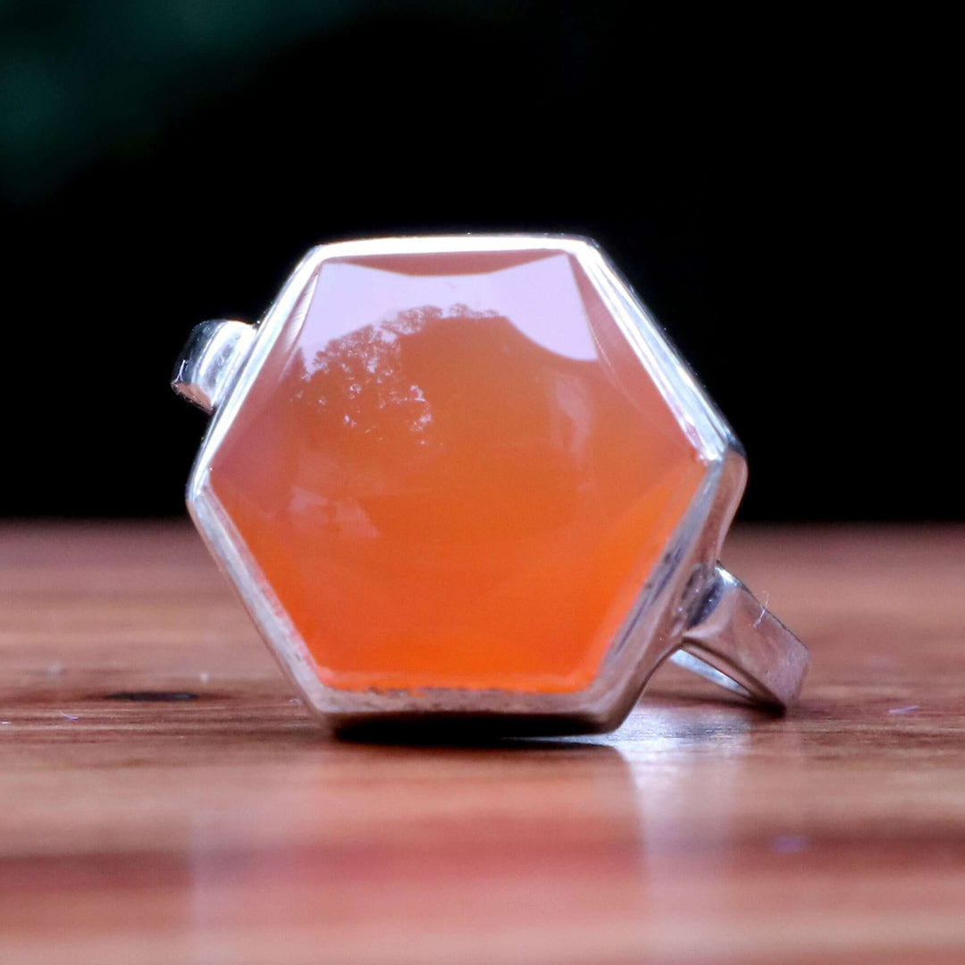 Diamond Cut Orange Yemeni Aqeeq Ring For Ladies | Handmade Silver Akik Stone Ring For Women | US Size 7 - AlAliGems