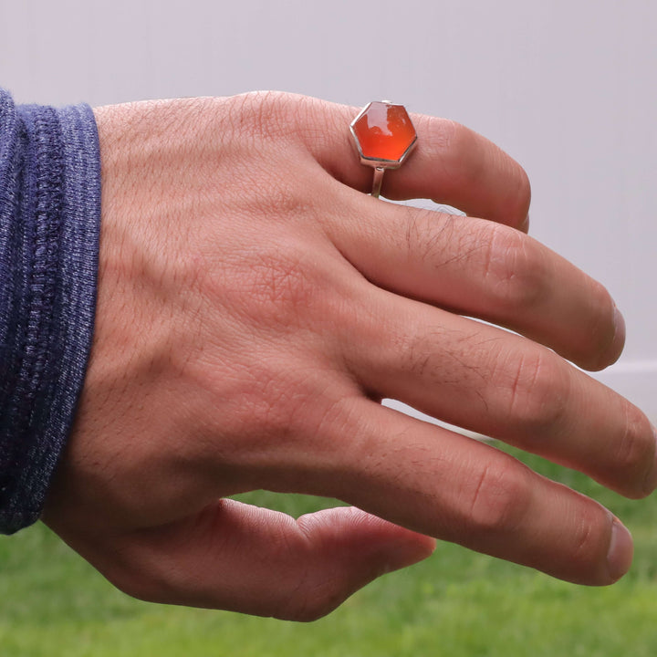 Diamond Cut Orange Yemeni Aqeeq Ring For Ladies | Handmade Silver Akik Stone Ring For Women | US Size 7 - AlAliGems