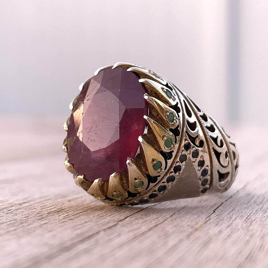 HANDMADE PERSIAN VINTAGE RUBY & EMERALD RING | US SIZE 10 - Al Ali Gems