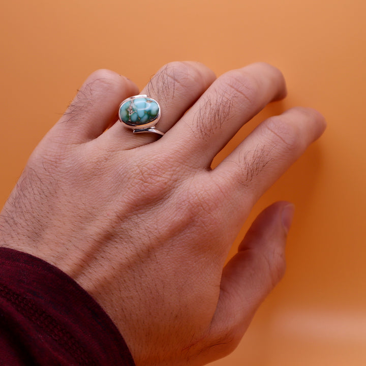 Nishapuri Feroza Ring for Ladies | Genuine Persian Turquoise Sterling Silver Ring with Unisex US Size 7.5 - AlAliGems