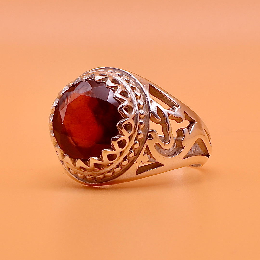 Handmade Yaqoot Silver Ring With Ya Hussain on Each Side | Ruby Stone Ring Unisex - Al Ali Gems