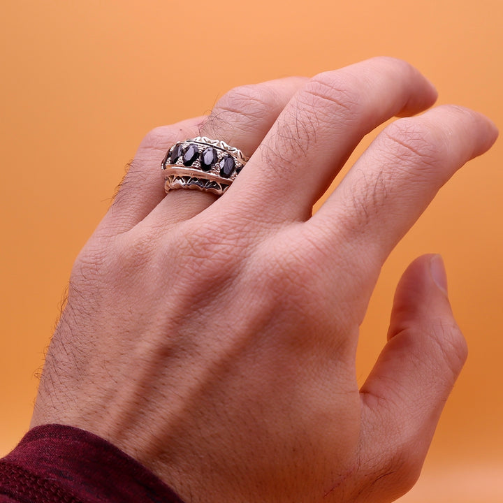 Handmade Iranian Art Persian Silver Ring | 7 Blue Sapphire Stones | Hand Crafted Ring | US Size 10.5 - Al Ali Gems