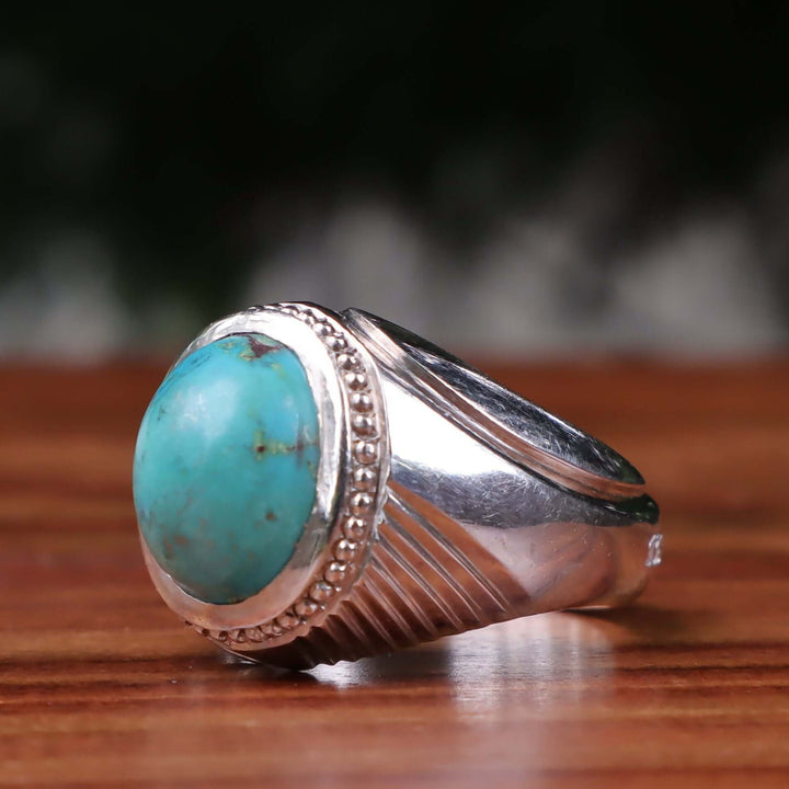 Nyshapuri Feroza Stone Ring | Natural Green Turquoise Stone Ring | Sterling Silver 92.5 | Geniune Feroza Stone | US Size 10 - AlAliGems