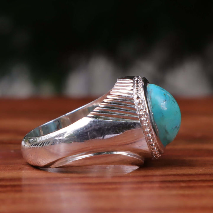 Nyshapuri Feroza Stone Ring | Natural Green Turquoise Stone Ring | Sterling Silver 92.5 | Geniune Feroza Stone | US Size 10 - AlAliGems
