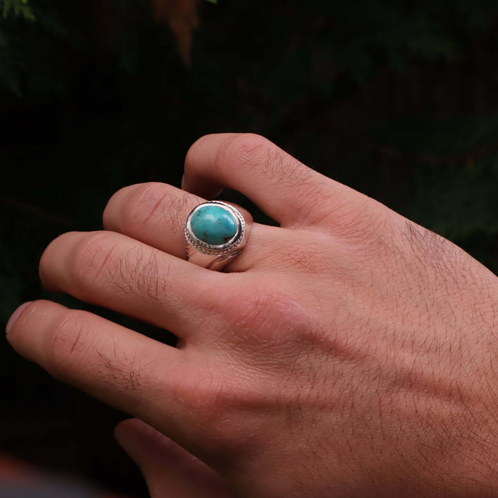 Nyshapuri Feroza Stone Ring | Natural Green Turquoise Stone Ring | Sterling Silver 92.5 | Geniune Feroza Stone | US Size 10 - AlAliGems