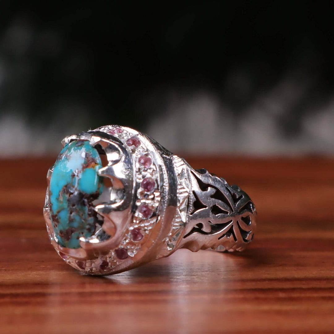 Nyshapuri Feroza Stone Ring | Natural Blue Turquoise Stone Ring With Pink Coloerd Stones | Sterling Silver 92.5 | Geniune Feroza Stone | US Size 11 - AlAliGems