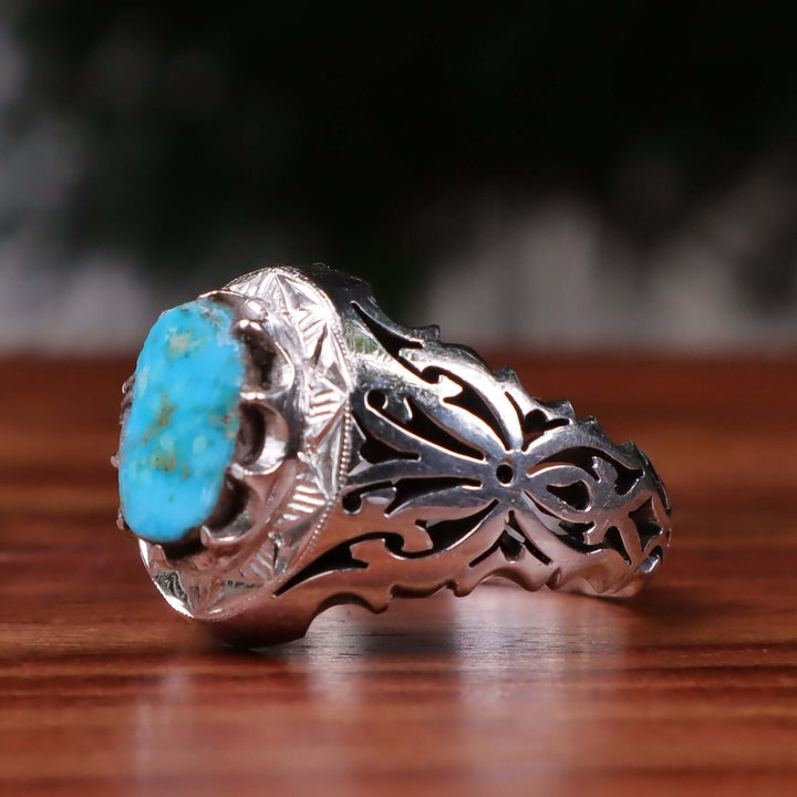 Nyshapuri Feroza Stone Ring | Natural Blue Turquoise Stone Ring | Sterling Silver 92.5 | Geniune Feroza Stone | US Size 11.5 - AlAliGems