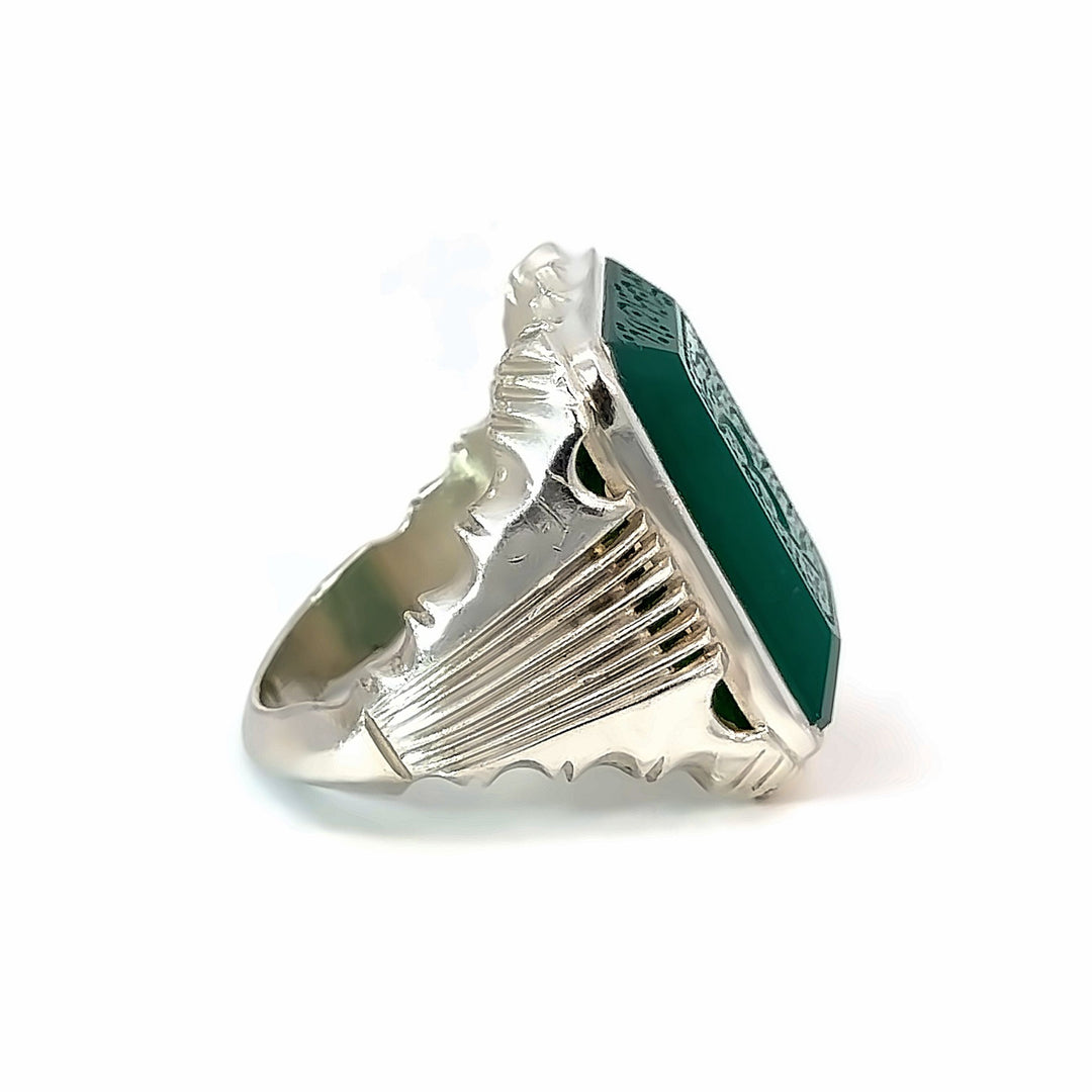 Khorasani Aqeeq Green Square Sterling Silver Ring | US Size 11.25