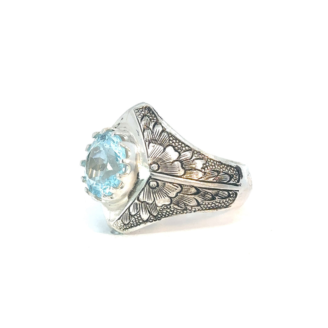 Warrior's Aquamarine Engraved Sterling Silver Men's Ring | US Size 10.5