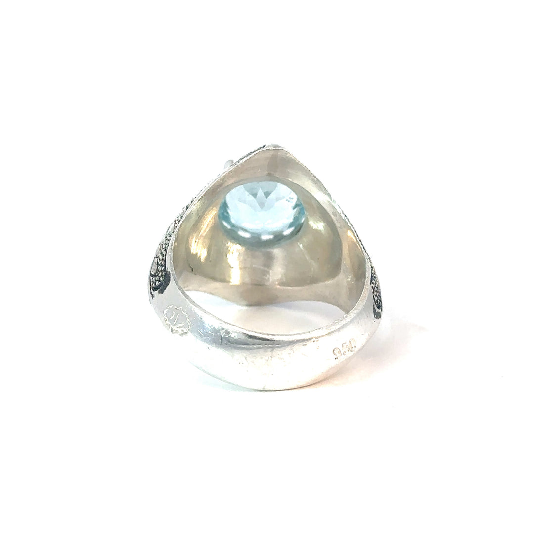 Warrior's Aquamarine Engraved Sterling Silver Men's Ring | US Size 10.5