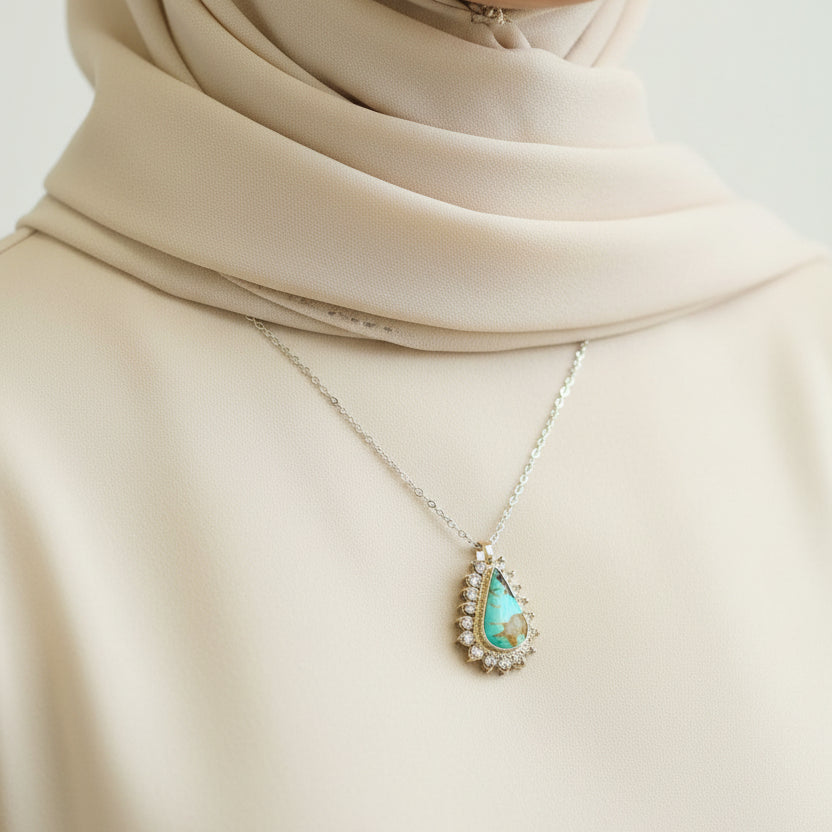 Teardrop Turquoise (Feroza) Zirconia Sterling Silver Pendant