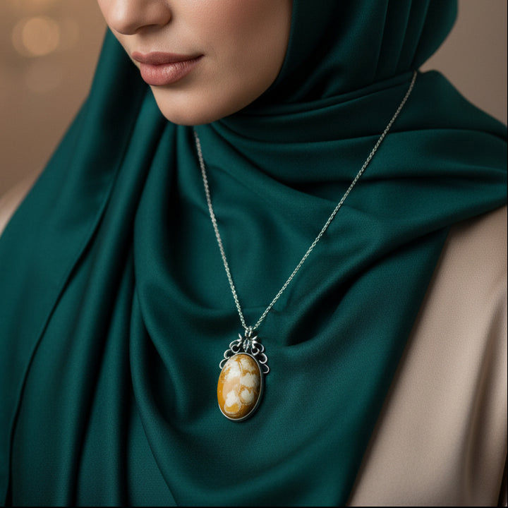 Anbar Al-Hilal – Ornate Polish Amber Sterling Silver Pendant