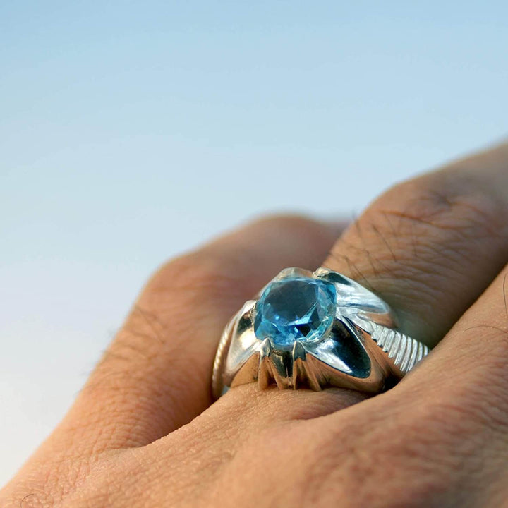 Azure Essence Refined Aquamarine Sterling Silver Men's Ring | US Size 14.5