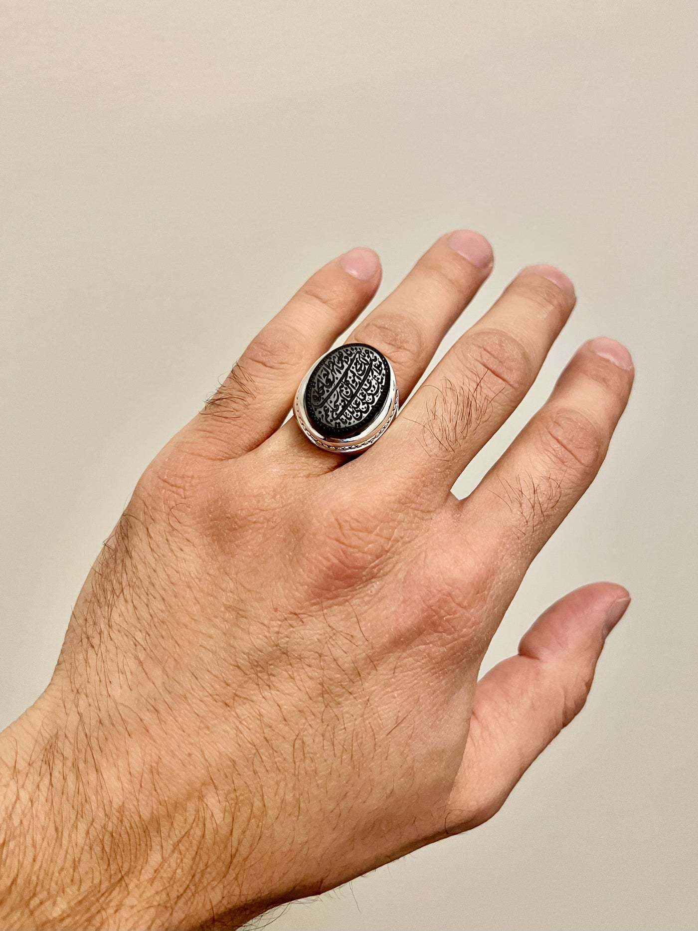 Engraved black jazaa aqeeq stone ring for men | Engraved Nad e Ali | AlAliGems | Genuine Yemeni Aqeeq Ring US Size 11