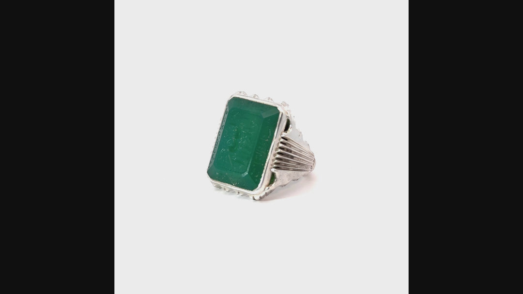 Khorasani Aqeeq Green Square Sterling Silver Ring | US Size 11.25