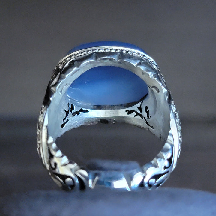 YEMENI BLUE AQEEQ STERLING SILVER RING FOR MEN | US RING SIZE 10 - AlAliGems