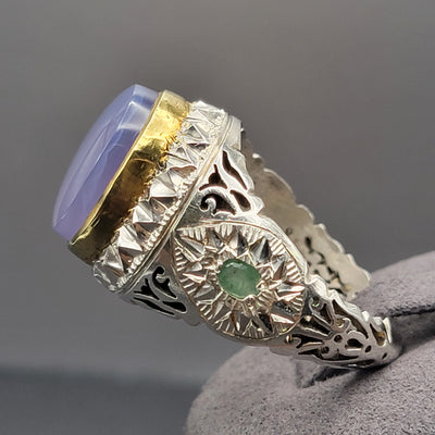 YEMENI BLUE AQEEQ WITH EMERALD STERLING SILVER RING FOR MEN | US RING SIZE 12 - AlAliGems