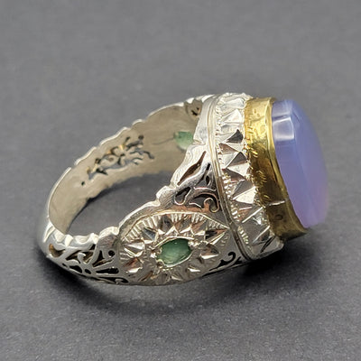 YEMENI BLUE AQEEQ WITH EMERALD STERLING SILVER RING FOR MEN | US RING SIZE 12 - AlAliGems