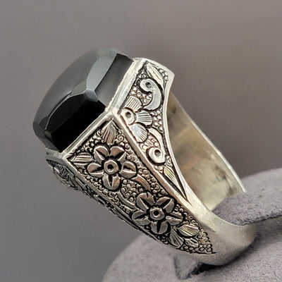 YEMENI BLACK AQEEQ STERLING SILVER RING FOR MEN | US RING SIZE 10 - AlAliGems