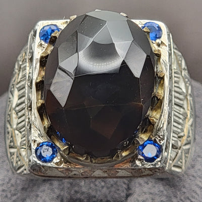YEMENI BLACK WITH SAPPHIRE AQEEQ STERLING SILVER RING FOR MEN | US RING SIZE 9.5 - AlAliGems
