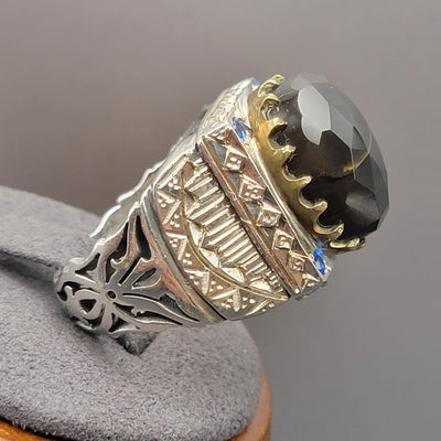 YEMENI BLACK WITH SAPPHIRE AQEEQ STERLING SILVER RING FOR MEN | US RING SIZE 9.5 - AlAliGems