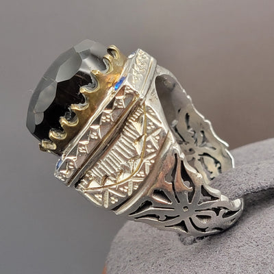 YEMENI BLACK WITH SAPPHIRE AQEEQ STERLING SILVER RING FOR MEN | US RING SIZE 9.5 - AlAliGems