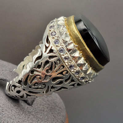 YEMENI BLACK WITH SAPPHIRE AQEEQ STERLING SILVER RING FOR MEN | US RING SIZE 12 - AlAliGems