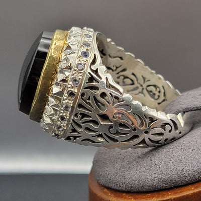 YEMENI BLACK WITH SAPPHIRE AQEEQ STERLING SILVER RING FOR MEN | US RING SIZE 12 - AlAliGems