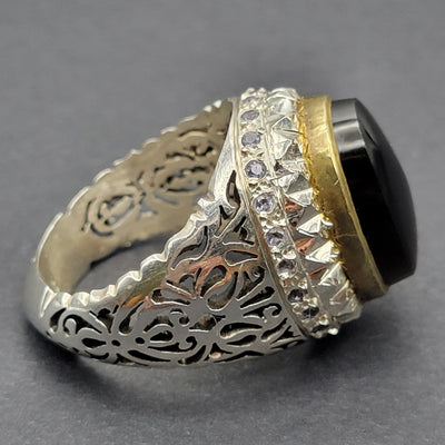 YEMENI BLACK WITH SAPPHIRE AQEEQ STERLING SILVER RING FOR MEN | US RING SIZE 12 - AlAliGems