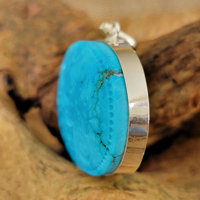 Kermani Feroza Natural Turquoise Pendant with Sterling Silver Frame - Al Ali Gems
