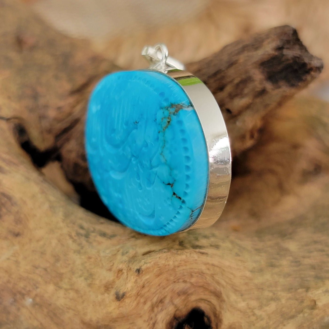 Kermani Feroza Natural Turquoise Pendant with Sterling Silver Frame - Al Ali Gems