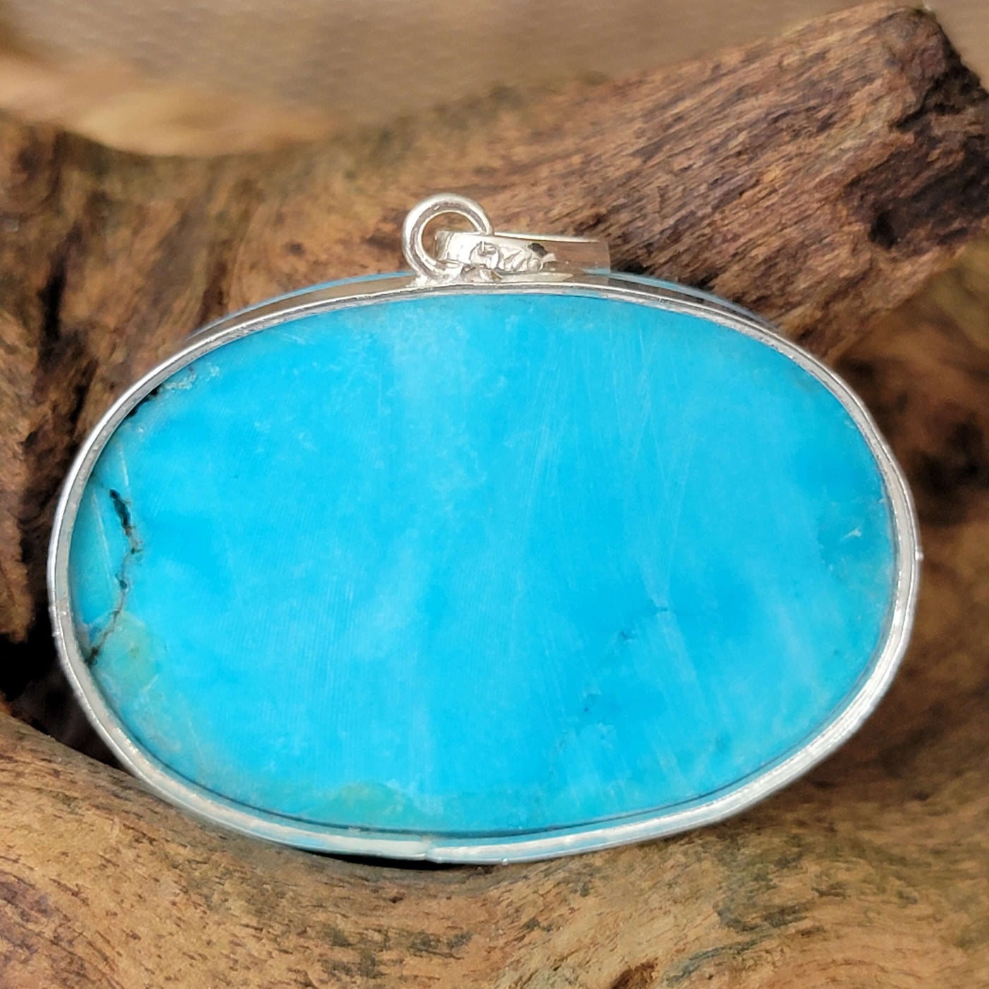 Kermani Feroza Natural Turquoise Pendant with Sterling Silver Frame - Al Ali Gems