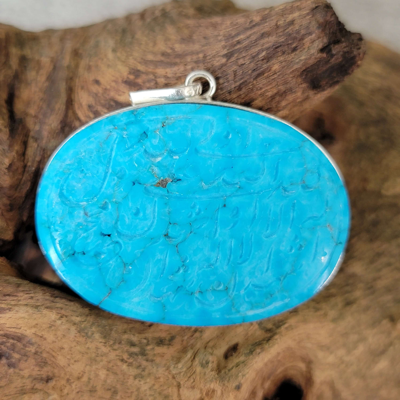 Kermani Feroza Natural Turquoise Pendant with Sterling Silver Frame - Al Ali Gems