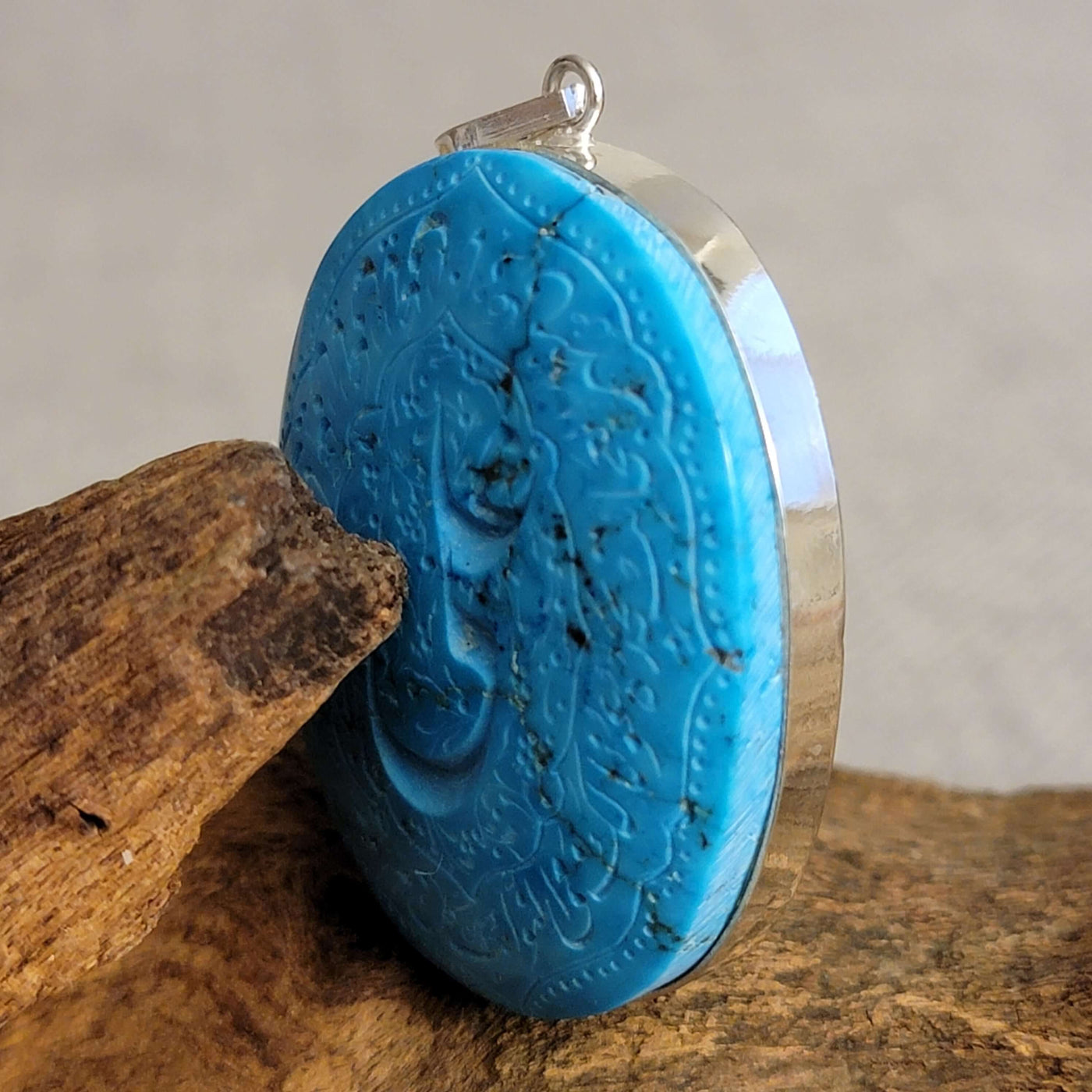 Kermani Feroza Natural Turquoise Pendant with Sterling Silver Frame - Al Ali Gems