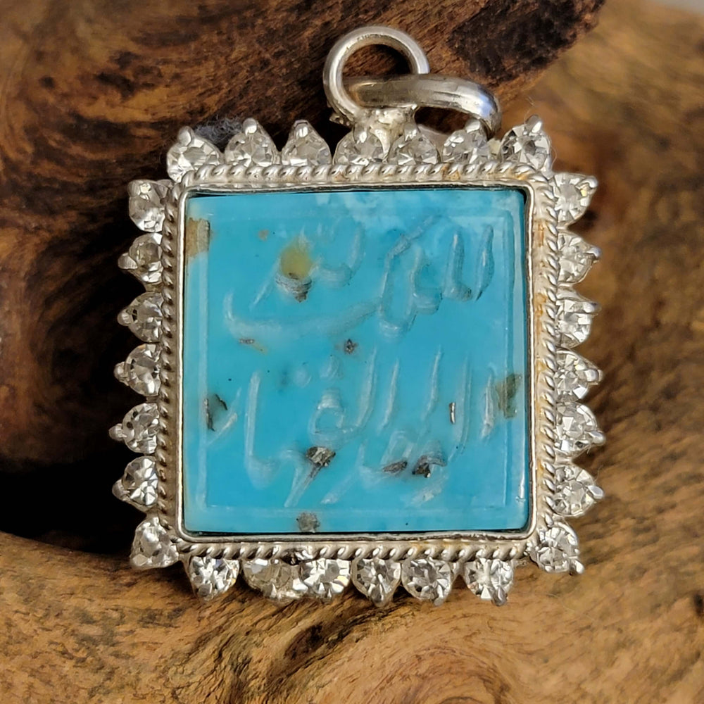 Kermani Feroza Natural Turquoise Pendant with Cubic Zirconia - Al Ali Gems
