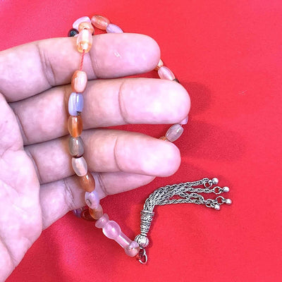 33 Beads of Yemen Islamic Tasbih Aqeeq Aqiq (Agate) Stones Prayer Bead, Yemeni Muslim Tesbih Taspih, 13 x 7 mm | Yemeni Aqeeq Stone - Al Ali Gems