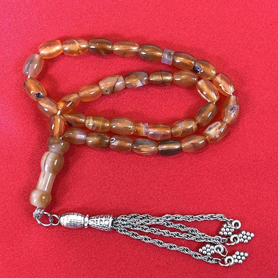 33 Beads of Yemen Islamic Tasbih Aqeeq Aqiq (Agate) Stones Prayer Bead, Yemeni Muslim Tesbih Taspih, 13 x 7 mm | Yemeni Aqeeq Stone - Al Ali Gems