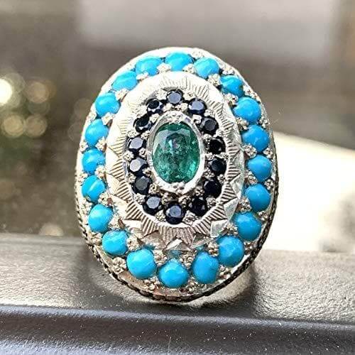 Vintage Style Natural Persian Turquoise Ring | 20 Turquoise stones 14 Blue Sapphire and One Green Emerald | S925 | US Size 10 - Al Ali Gems