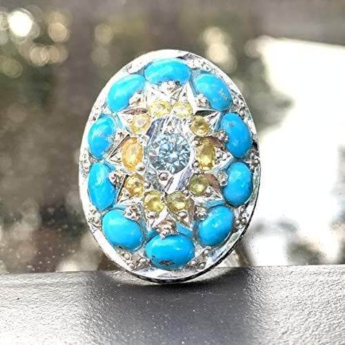 Cocktail Rings For Men Handmade Persian Ring | 10 Persian Turquoise 1 Moissanite Diamond & 10 Yellow Sapphire | S925 | US Size 10 - Al Ali Gems