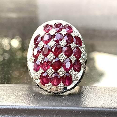 Handmade Persian Ring | 21 Ruby Stone | Hand Hammered | Sterling Silver 925 | US Size 10 - Al Ali Gems