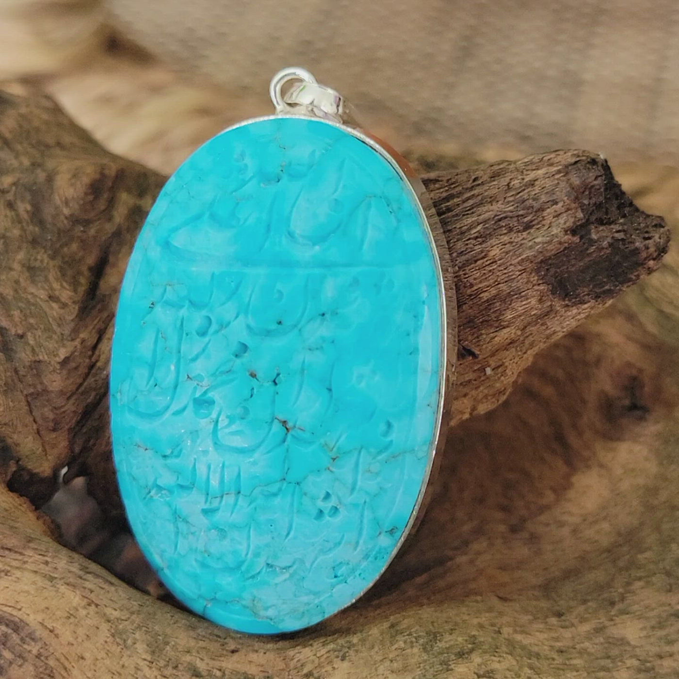 Kermani Feroza Natural Turquoise Pendant with Sterling Silver Frame