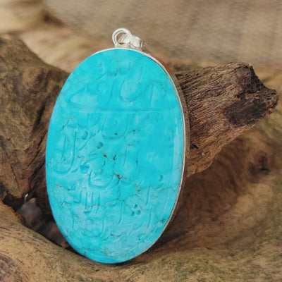 Kermani Feroza Natural Turquoise Pendant with Sterling Silver Frame